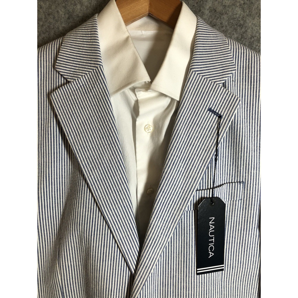 Nautica Blazer 38R Blue Stripe Cotton Seersucker Stretch Suit Coat Jacket w Tags